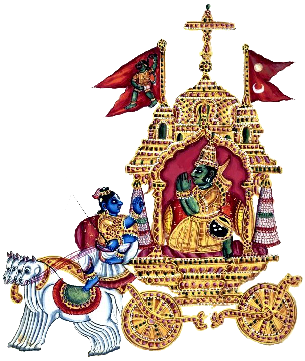 Arjuna et Kṛṣṇa sur le char, à Kurukshetra